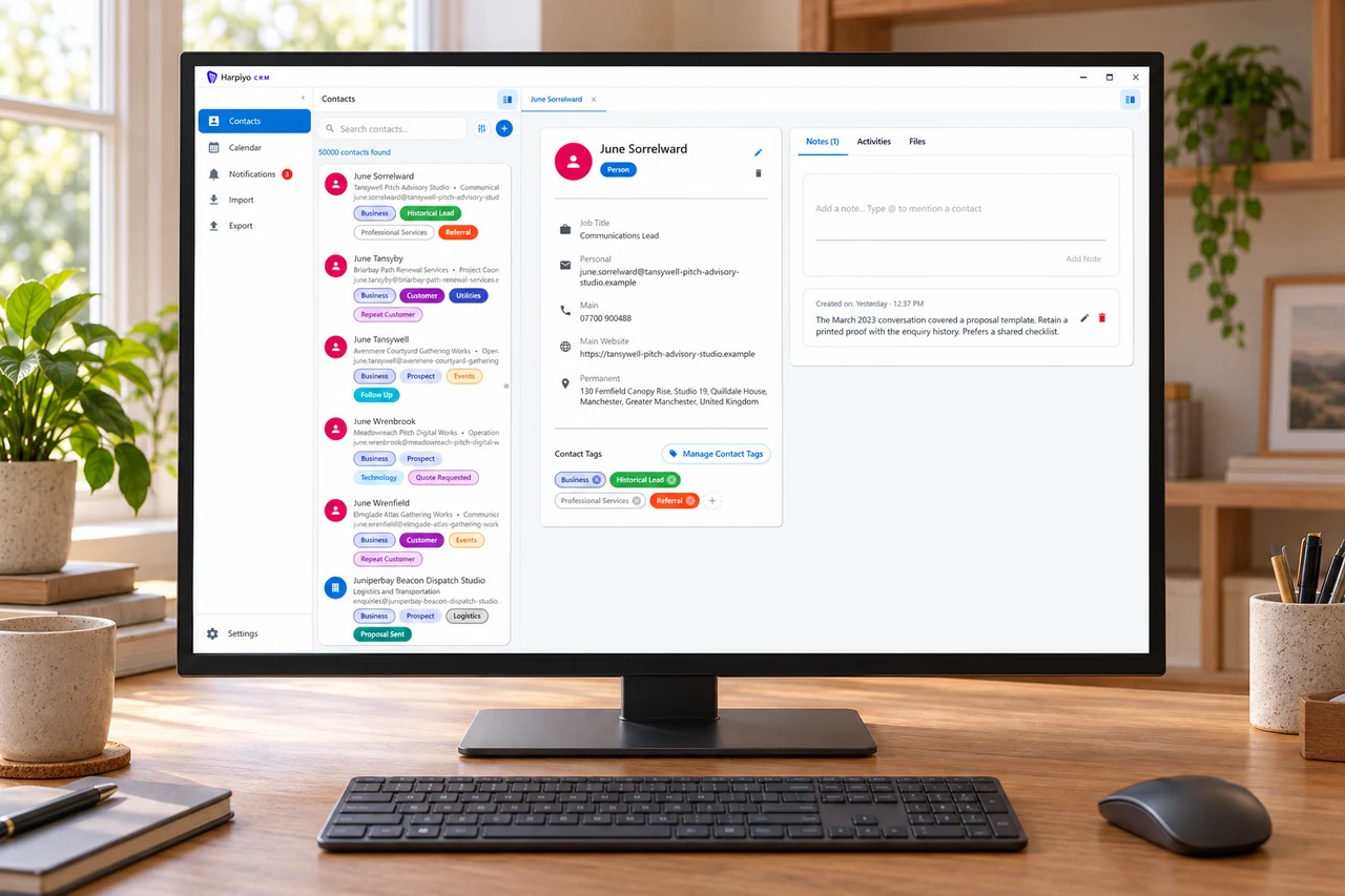 Harpiyo CRM contact details and notes displayed full-screen on an unbranded desktop monitor in a comfortable professional home office
