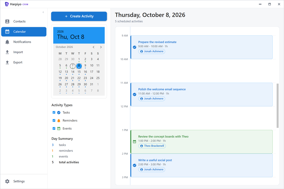 Harpiyo CRM calendar showing scheduled tasks, reminders and events for a selected day