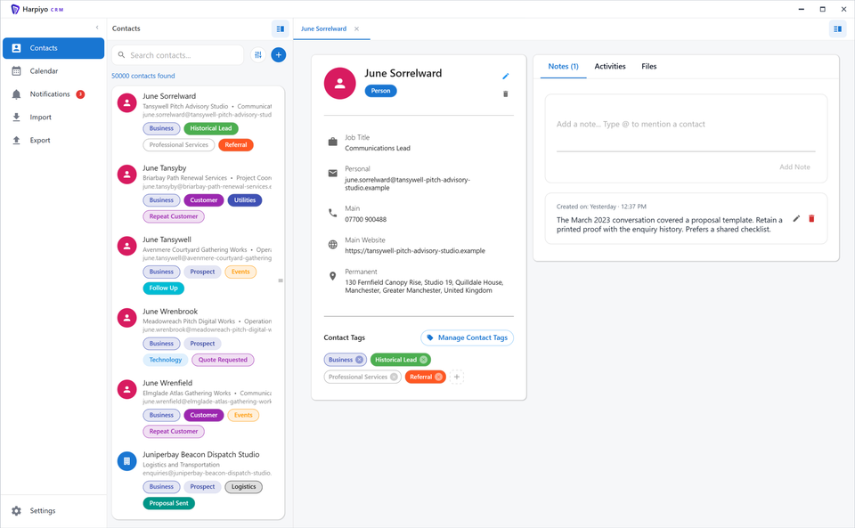 Harpiyo CRM showing a contact list, contact details, tags and conversation notes