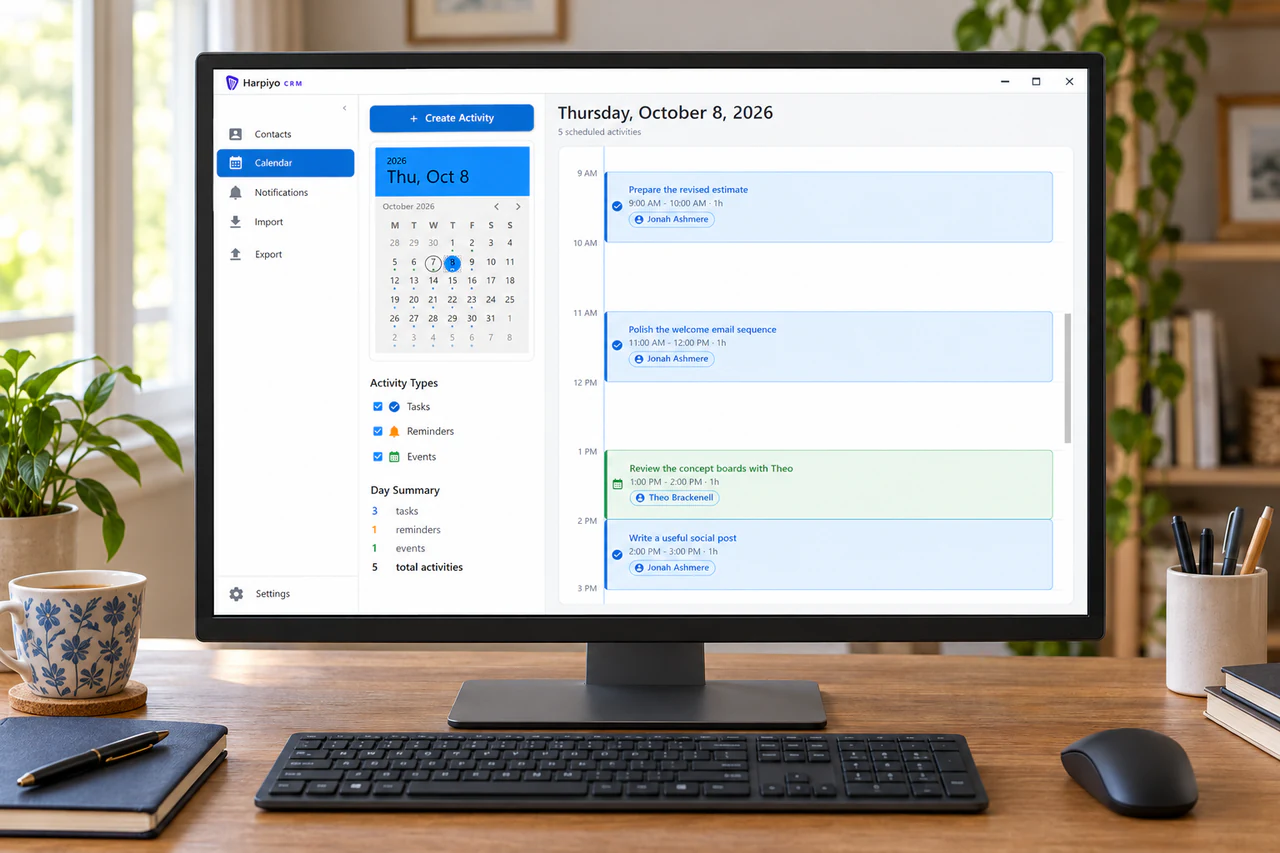 Harpiyo CRM calendar and activities on an unbranded desktop monitor in a tidy home workspace