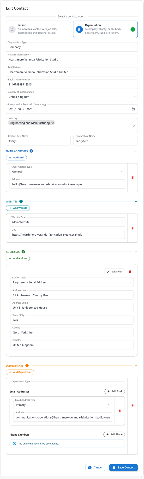 Harpiyo CRM Edit Contact form for an organisation, showing company details, email, website, address and departments