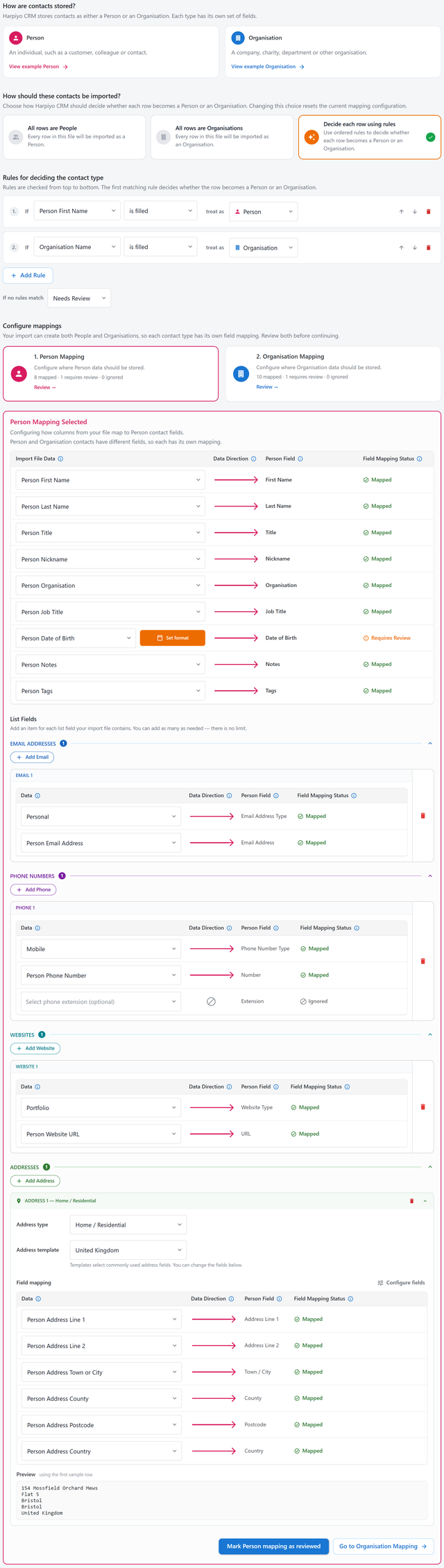 Harpiyo CRM CSV import showing contact type rules and person field mappings for contact details