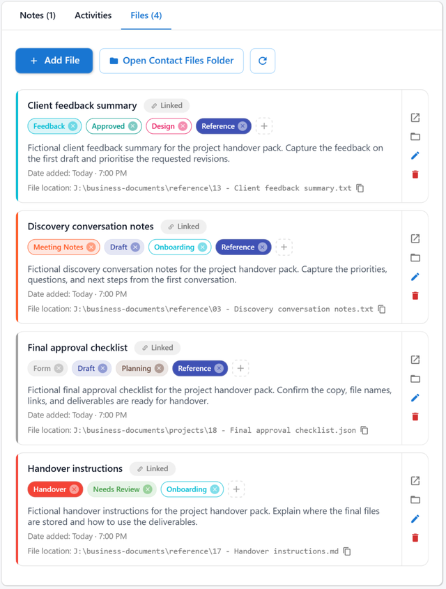 Harpiyo CRM contact files with linked documents, descriptions and coloured file tags
