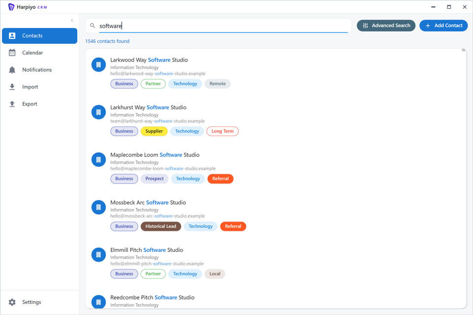 Harpiyo CRM contact search for software, with matching organisation names highlighted and contact tags